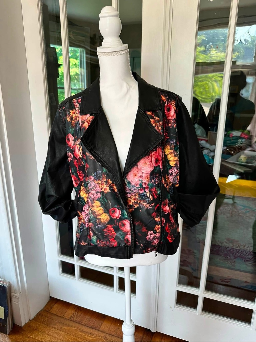 JustFab Black Floral Leather Moto Jacket